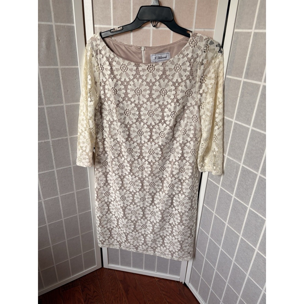 J Howard Lace Dress 12 Coquette Balletcore Neutral Cream Floral Sheath‎ Romantic
